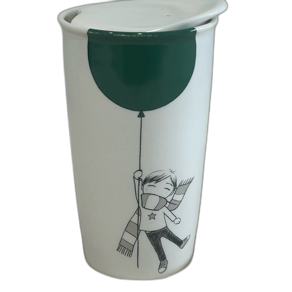 Starbucks 2014 Boy with Green Balloon 12 oz Ceramic Travel Mug with Lid. LNWOT